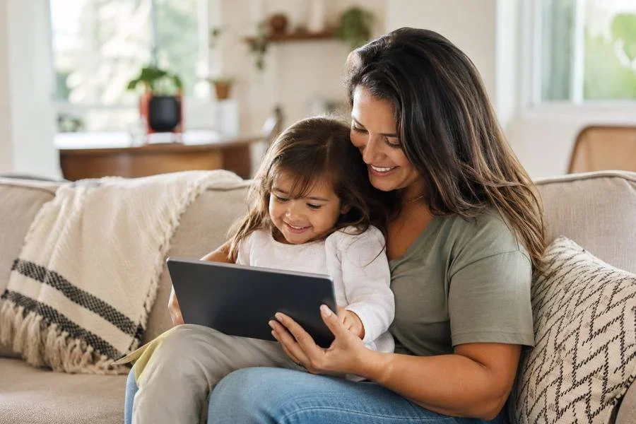 A mother holding her young daughter while sitting on a couch